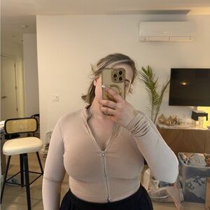 Fashion Nova Beige Long Sleeve Zip-Up Top